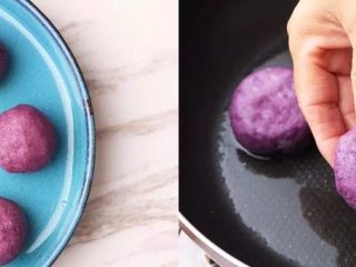 10、“瘦”不了了!还是受不了?紫薯和香芋的甜蜜!诱人不?!,依次包完后,热锅起油,下入红薯饼两面煎