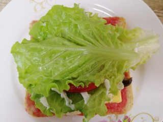 14、鸡蛋芝士全麦三明治,再铺一片生菜。