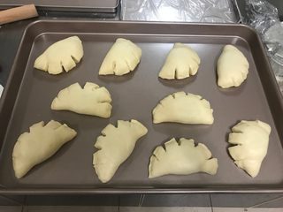 12、枣泥熊爪包（自制枣泥馅）,所有的面团塑形好之后放入烤盘中，放入发酵箱中进行最后发酵，温度是35度，湿度75-80%。没有发酵箱，可以在烤箱中（不插电）放温水，密封发酵