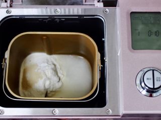 9、大葱猪肉发面包,把中筋面粉和酵母称重后，倒入东菱面包机里，再加入称重的温水，启动面包机的和面程序开始和面。