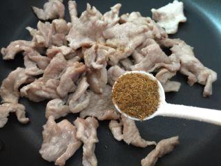 8、孜然辣肉片,加入一勺孜然粉