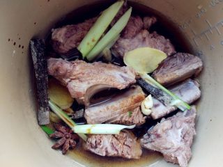 3、蒜香排骨,将除老抽和蜂蜜外的其他材料一起倒入电压力锅中，加适量水，启动肉类程序，大约30分钟左右即可
