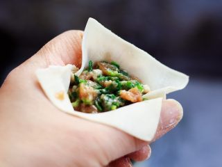 10、荠菜鸡肉蒸饺,用手的虎口将云吞皮聚拢住馅料。