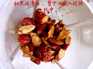 3、红糖红枣发糕,红枣洗净后，剪下肉放入搅拌机