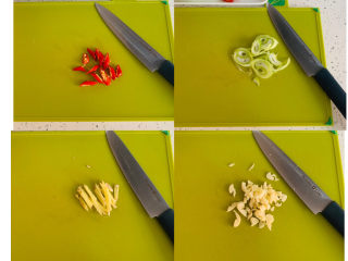 3、卷心菜炒粉丝,需要将小红椒切圈,葱切圈,姜切丝,蒜切末。