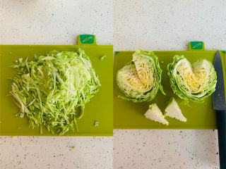 5、卷心菜炒粉丝,卷心菜从中间切开,去除中间的根茎,切丝备用。