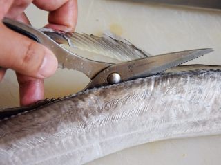 2、红烧带鱼,剪去鱼鳍;