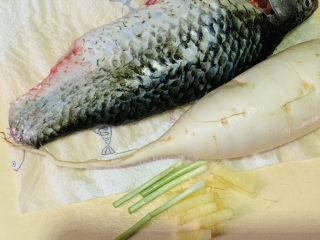 2、鲫鱼萝卜丝汤,萝卜，鲫鱼洗净，鲫鱼特别黑色内膜要洗干净，表面撒点盐用剪刀反刮，把鱼表面粘液去掉；