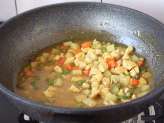 16、咖喱土豆鸡丁饭,中火炖至咖喱块融化，然后改大火收汁，收至汤汁浓稠即可。