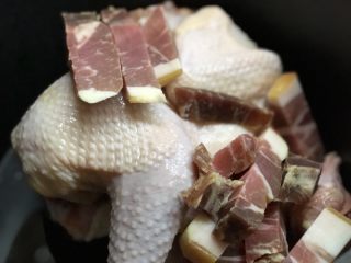 10、一锅两吃-白斩老鸡,火腿块放入锅内
