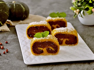 22、霜降节气美食―南瓜豆沙如意卷(附超级简单制作红豆沙方子),插上薄荷叶就可以上桌啦