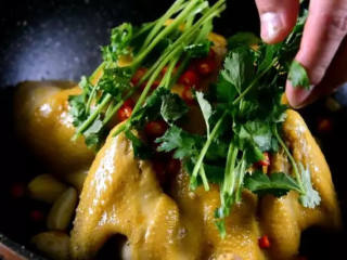 6、滋滋冒油的飘香葱油鸡，简单到让我再也不想去外面吃饭了！,放入小米椒、香菜