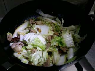 6、羊肉白菜粉条,放入白菜翻炒，加适量食盐翻炒均匀，盖上盖小火咕嘟3分钟。