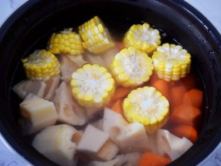 9、猪骨莲藕玉米胡萝卜汤,加入适量的水，没过食材即可