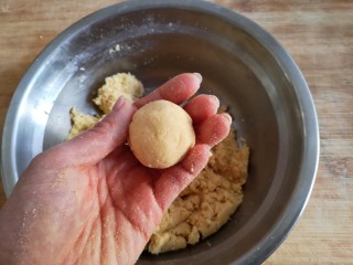 15、鱼锅片片,取适量醒发好的玉米面团搓成圆球。