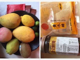 1、水果花茶,准备好的主要食材：芒果、柠檬、桃子、梨、猕猴桃、青金桔、红茶包、胎菊、黄冰糖