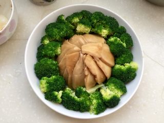 34、我爱蒜蓉系列➕蒜香鲍汁杏鲍菇,取下小圆碗，出现一个圆鼓鼓的倒扣的杏鲍菇小山包，把西兰花沿小山包摆一圈