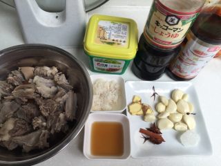 1、地方菜 红烧山羊肉,所有材料准备好(有几样忘拍了),羊肉切块入冷水锅加一块桔皮,少许料酒煮沸几分钟捞出,用温水洗净备用