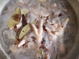 3、无骨蒜香鸡爪,再放入香料,煮开。