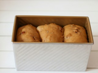 12、红枣核桃吐司,发酵至八九分满，表面喷水撒杏仁片