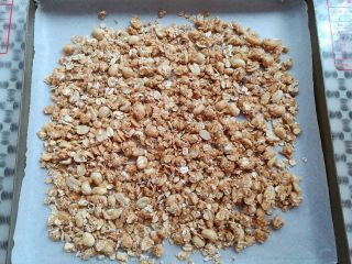 5、格兰诺拉酸奶杯,把混合后的麦片倒入铺了油纸的烤盘里,预热烤箱上火130度,下火160度