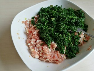 10、荠菜元宝水饺,将拌过油的荠菜倒入肉馅中。