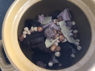 12、莲子无花果膨鱼腮扇骨汤,然后全部处理好清理干净的材料放入汤锅