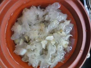 5、止咳润肺银耳羹,将撕小朵的银耳和百合加水放炖锅炖