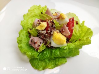 16、藜麦生菜沙拉,将拌好的沙拉盛到生菜叶子上面，放入盘中。