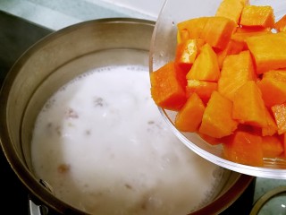 11、桃胶木瓜炖奶 #冬喝暖饮夏吃冰#,把木瓜倒入奶锅,大火烧开后立即关火。