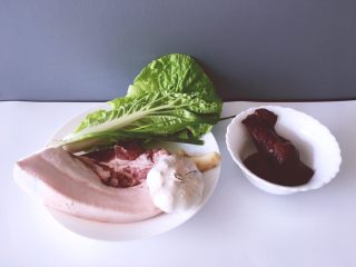 1、养生汤之 猪血浓汤,将猪肉大蒜生姜大白菜猪血香葱准备好