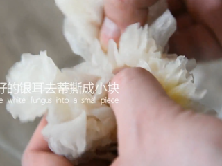 2、银耳莲子汤烹饪手法，滋阴润肺功效可比燕窝,浸泡好的银耳去蒂撕成小块备用