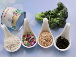 1、藜麦海苔五彩米饭团,首先备齐所有的食材。
