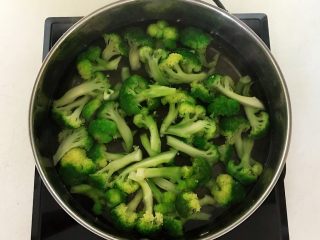 7、10分钟快手菜  凉拌蒜蓉虾仁西蓝花,锅里加入冷水烧开后放入西蓝花，焯水1分钟