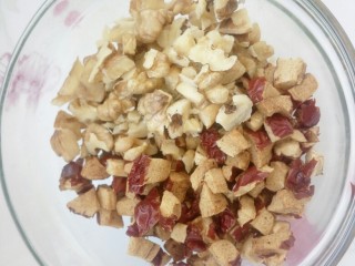 2、#甜味#红糖红枣核桃面包,红枣，核桃切碎备用