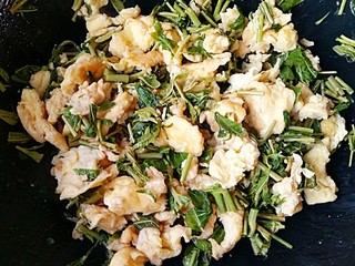 11、香椿芽炒蛋,加适量盐，和鸡蛋一起翻炒均匀即可。
