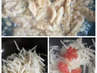 2、鸡丝炒萝卜#健康美颜餐#,热锅加少许花生油把鸡丝炒熟（变成白色）盛出备用。锅里留底油，把挤干水分的萝卜丝炒熟，加少许剁椒。