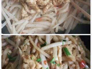 3、鸡丝炒萝卜#健康美颜餐#,然后把炒好的鸡丝倒入萝卜丝里加青蒜，调味翻炒均匀即可出锅。