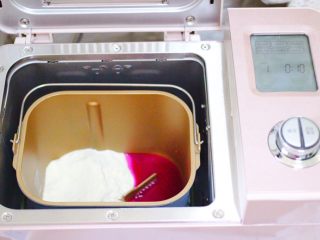 13、牡蛎韭菜粉嫩饺子,面包机放入称重的中筋面粉和火龙果汁，启动和面程序和面。