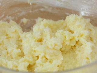 6、椰子脆片,然后把混合好的椰蓉倒入刚才做好的黄油糊里面,用手动的打蛋器先稍微拌匀,直到看不见白色的椰蓉之后,再换刮刀操作,检查一下,拌匀直到看不到白色的椰蓉就可以了