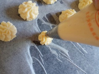 16、曲奇饼干,开始挤曲奇，特别好挤，然后送进预热好的烤箱180度烤20分钟即可放凉食用