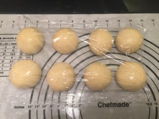 7、迷你热狗包,将面团排气后平均分成8份，静置15分钟