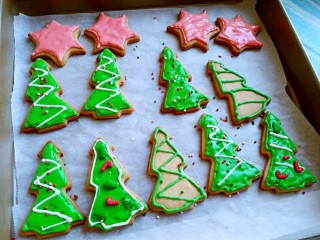 16、圣诞糖霜饼干,再填满中间，撒糖珠，画出花纹（饼干上面的花纹要等底层糖霜干了再画花纹）