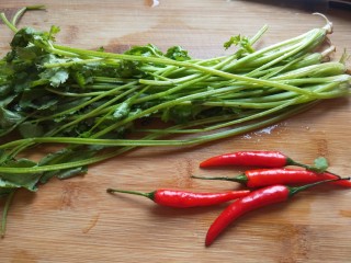 6、白萝卜香辣凉拌菜   新文美食,香菜洗干净，小米辣椒洗干净。