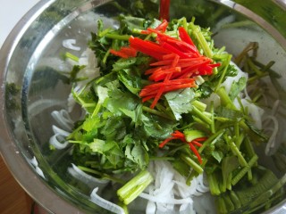 11、白萝卜香辣凉拌菜   新文美食,在次放入盆中，加入香菜，小米辣椒丝。