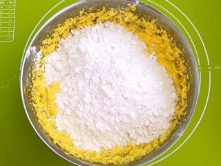 12、宝宝健康食谱  蛋黄动物饼干,筛入低筋面粉，用左右搅拌的方式和面