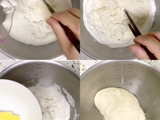 2、培根火腿披萨,加入水搅拌成絮状，加黄油，揉成光滑