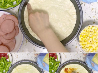 10、培根火腿披萨,发酵好的饼皮按一下能回弹即可，刷一层橄榄油，刷刚才炒好的披萨酱