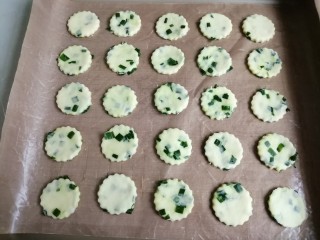 11、香葱苏打饼干,把饼干胚移到烤盘上