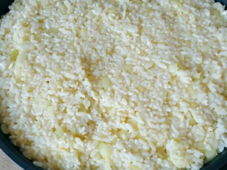 5、炒米饭饼电饼铛版,把搅拌好的蛋液拌米饭倒入电饼铛，铺平。